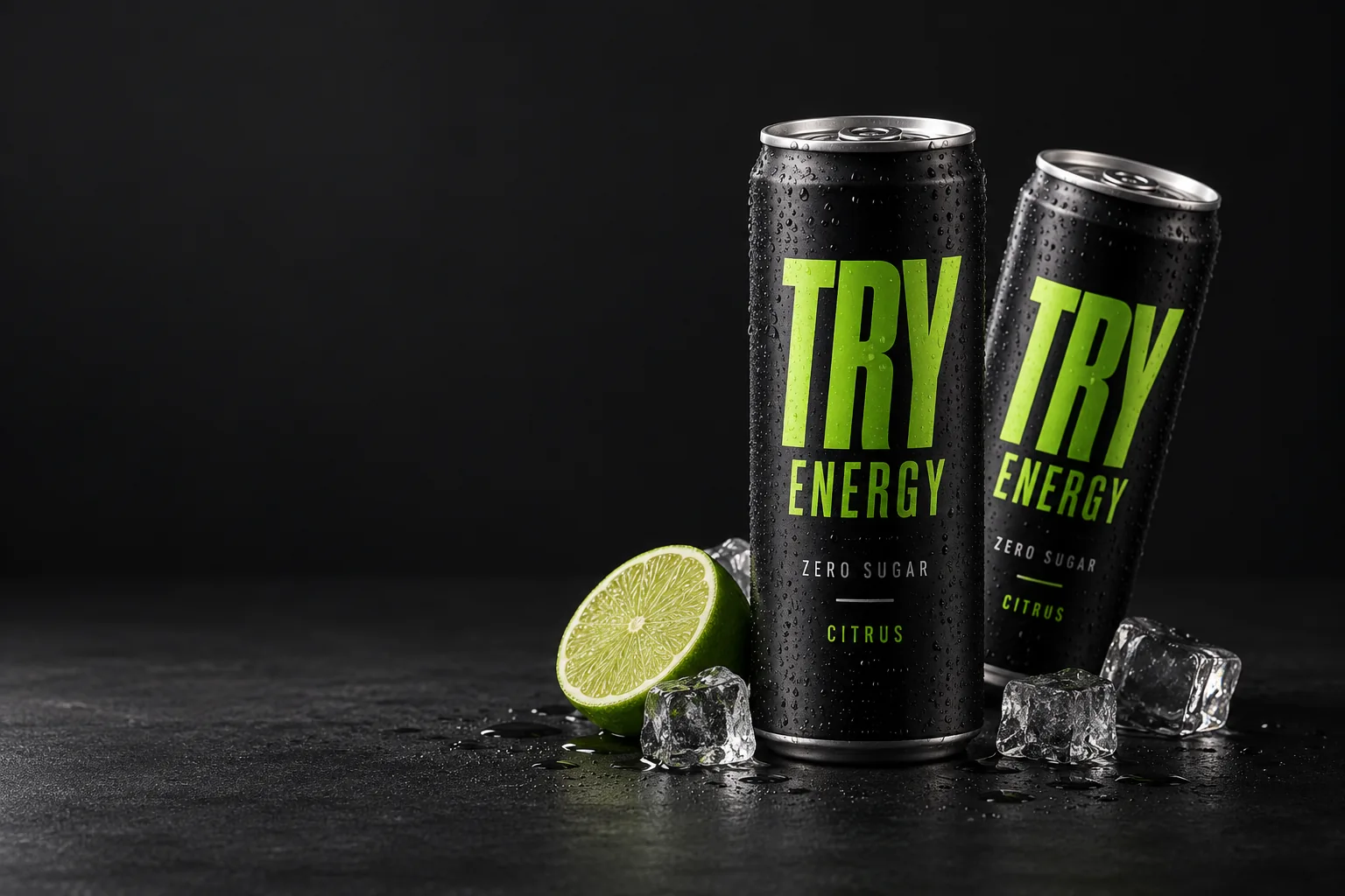 Две чёрные банки TryEnergy Citrus с лаймовыми надписями, льдом и свежим лаймом